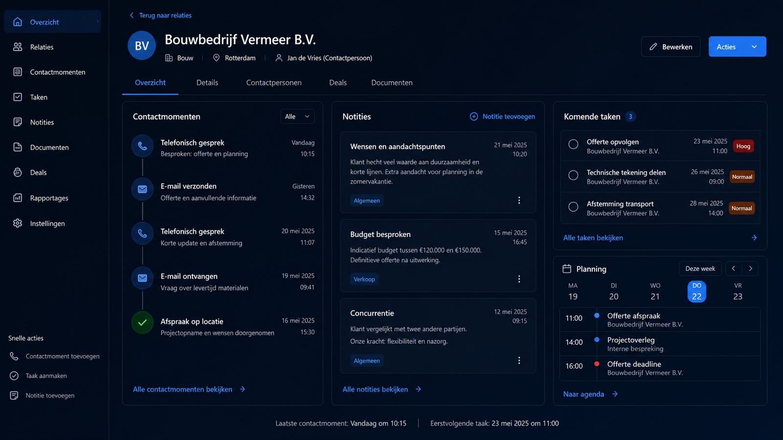 Werkvernuft overzicht met contactmomenten en geplande vervolgacties